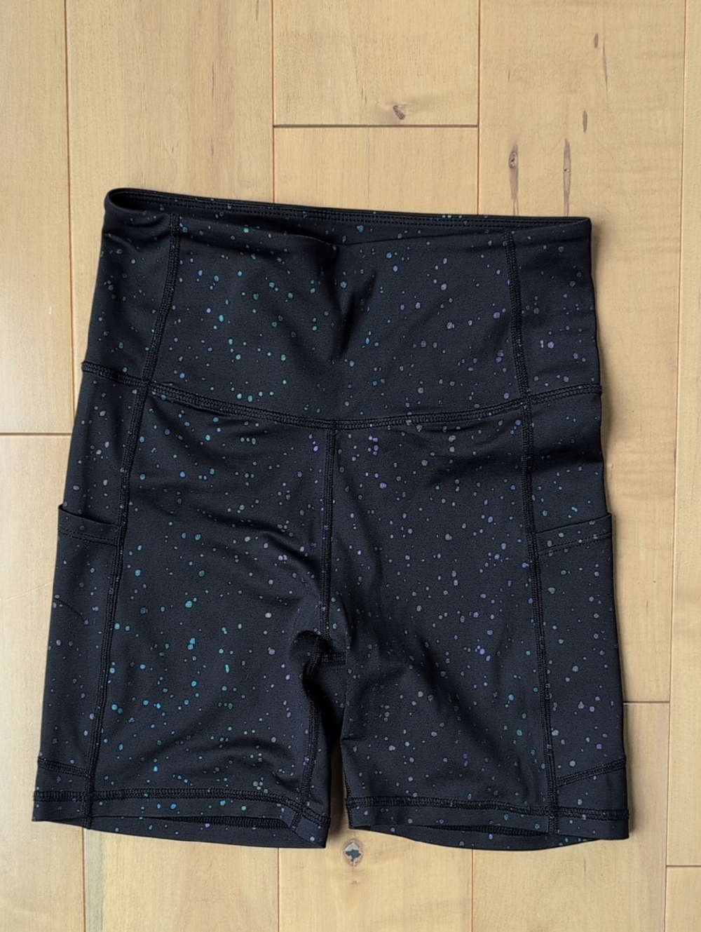 High-Waist Black Athletic Bike Shorts with Rainbow Speckled Print